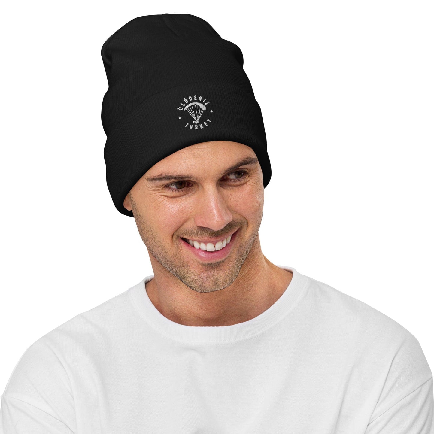 LAUNCH & FLIGHT CO. EMBROIDERY Black Ölüdeniz Beanie | Paragliding Embroidered Hat