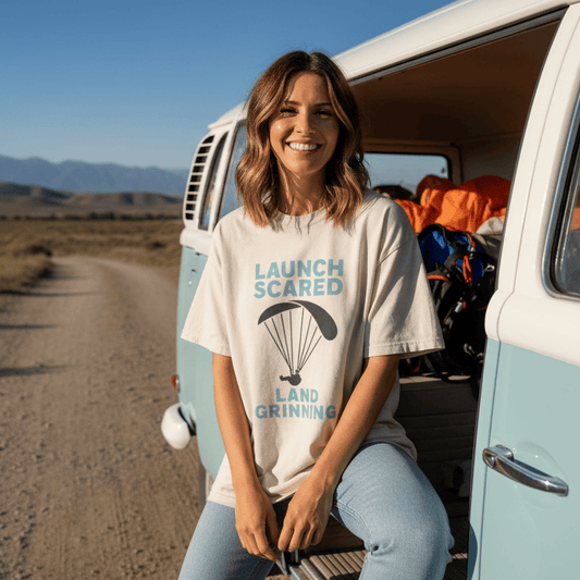 LAUNCH & FLIGHT CO. EMBROIDERY Launch Scared. Land Grinning. | Oversized Paragliding T-Shirt