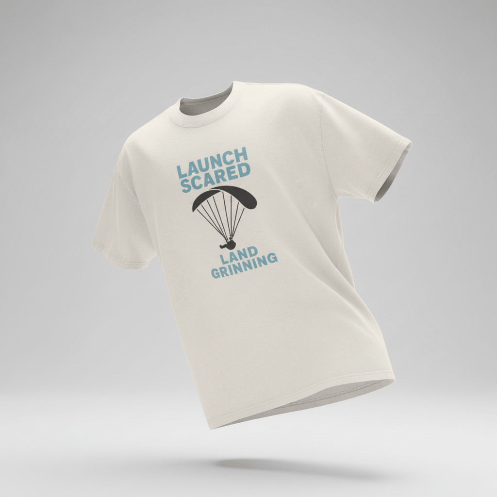 LAUNCH & FLIGHT CO. EMBROIDERY Launch Scared. Land Grinning. | Oversized Paragliding T-Shirt