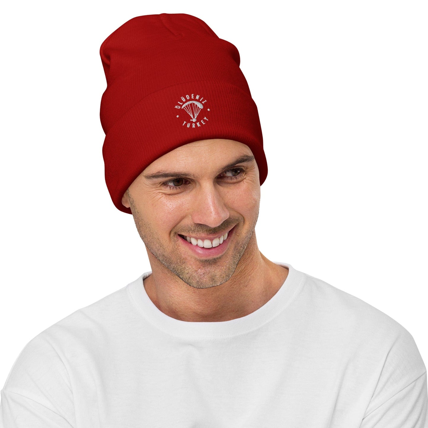 LAUNCH & FLIGHT CO. EMBROIDERY Red Ölüdeniz Beanie | Paragliding Embroidered Hat