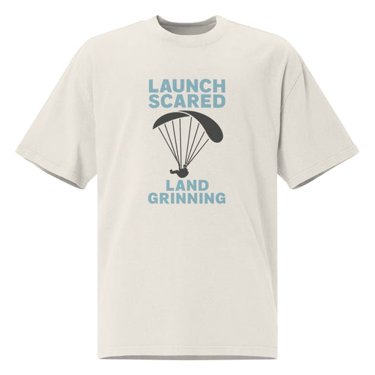 LAUNCH & FLIGHT CO. EMBROIDERY S Launch Scared. Land Grinning. | Oversized Paragliding T-Shirt